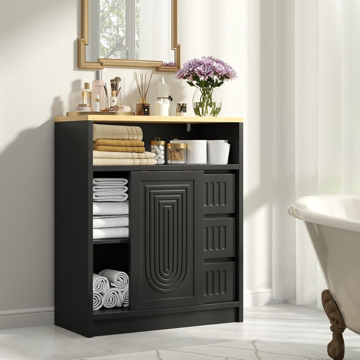 Freestanding Bathroom Storage Cabinet with 3 Drawers & Sliding Door, Black