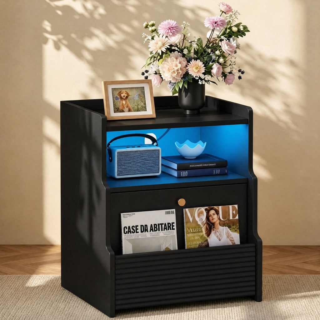 Fluted Nightstand with Charging Station, Modern Bedside Table with LED Lights & Drawers, End Table with Open Compartment for Bedroom, White