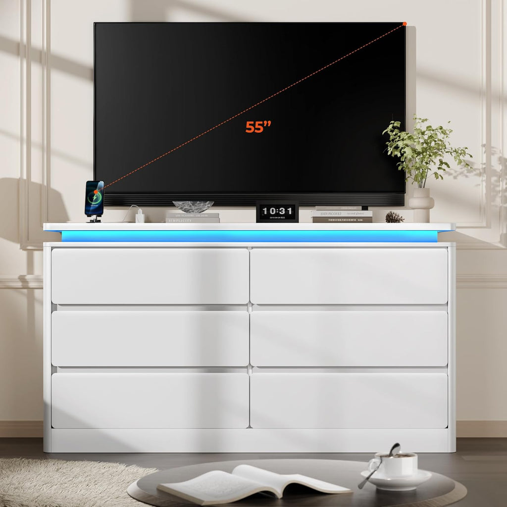 Loomie Upgraded 6 Drawer White Dresser for Bedroom, 47.2" Long Chest of Drawers with Charging Station & LED Lights, Wooden Storage Cabinet Dresser for Closet,Modern TV Stand with Deep Drawers