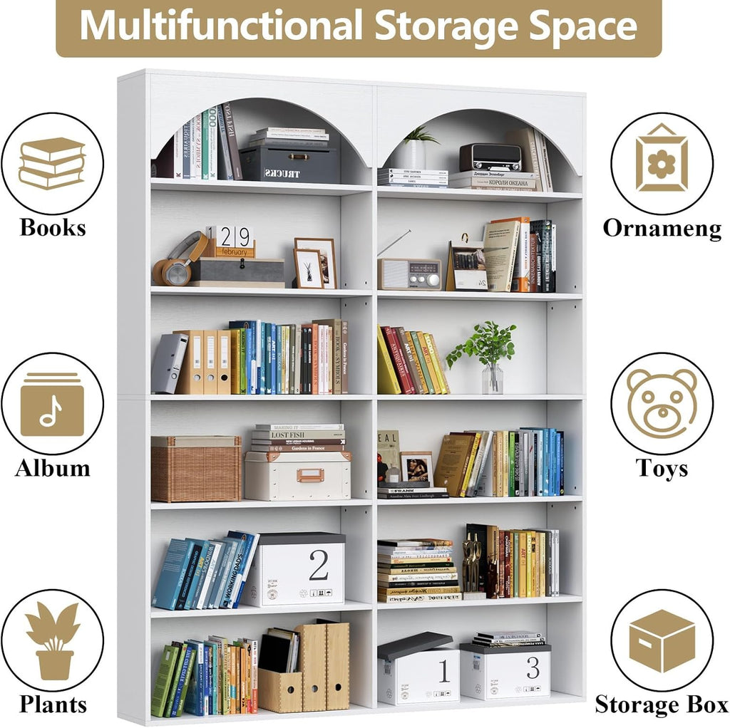 Gyfimoie 70.8’’ Tall Bookshelf and Bookcase, 7-Tier Double Wide Bookcase Modern Large Open Display Shelves with Curved Baffle for Home Office Living Room (White)