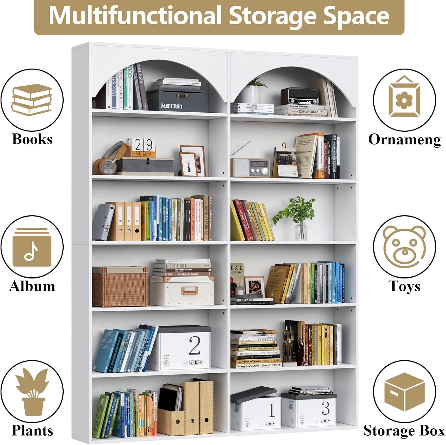 Gyfimoie 70.8’’ Tall Bookshelf and Bookcase, 7-Tier Double Wide Bookcase Modern Large Open Display Shelves with Curved Baffle for Home Office Living Room (White)