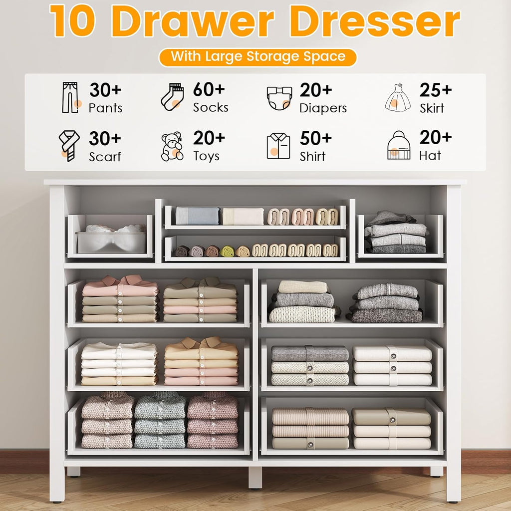 Loomie 10 Drawer Dresser for Bedroom, 47.2" Long Chest of Drawers with Deep Drawers, Modern Wooden Storage Dresser for Closet, 36.2" Tall Large TV Stand for Living Room, Hallway, Entryway (White)