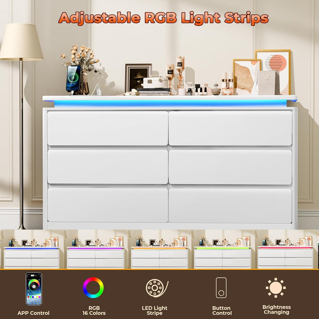 Upgraded 6 Drawer White Dresser for Bedroom, 47.2" Long Chest of Drawers with Charging Station & LED Lights, Wooden Storage Cabinet Dresser for Closet,Modern TV Stand with Deep Drawers