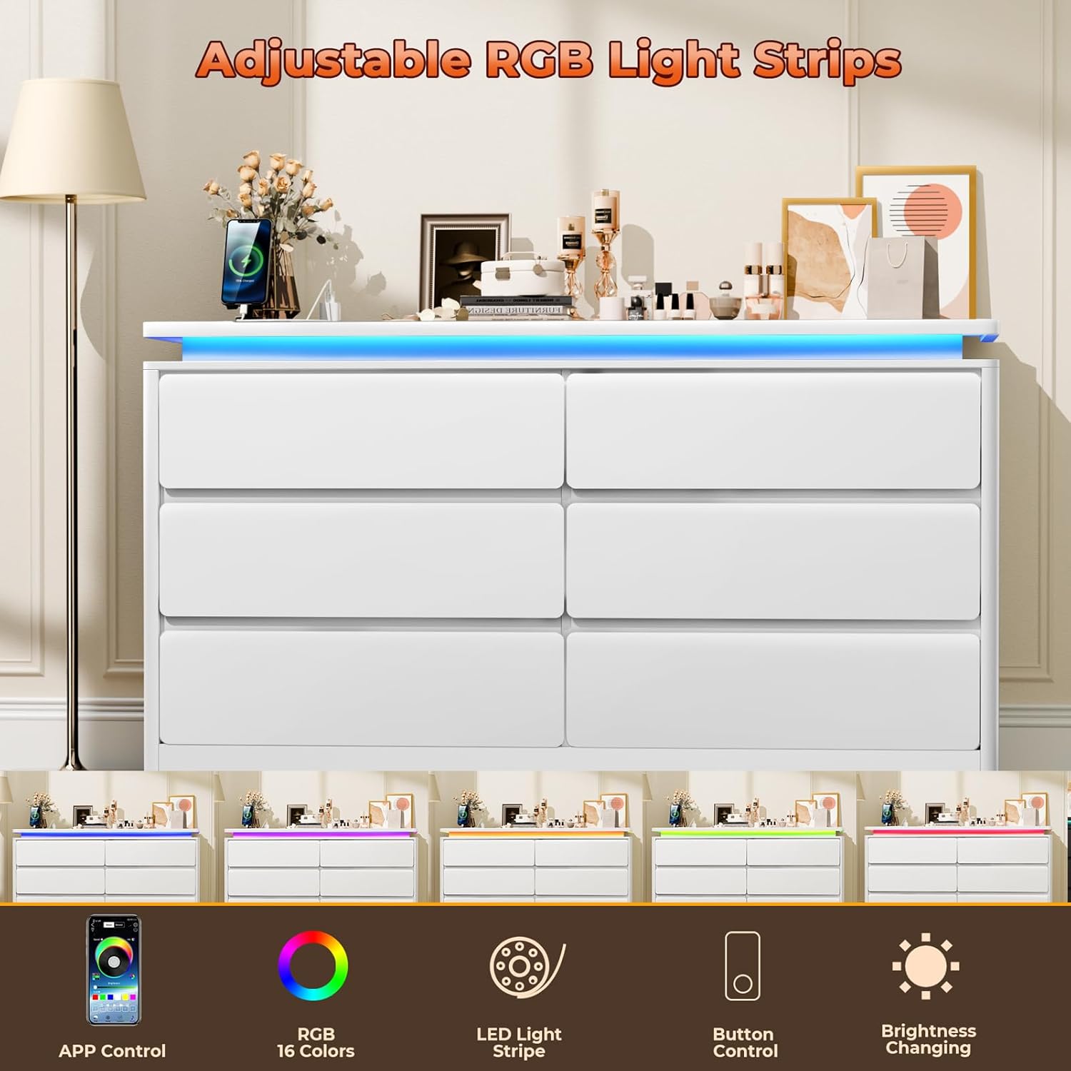 Loomie Upgraded 6 Drawer White Dresser for Bedroom, 47.2" Long Chest of Drawers with Charging Station & LED Lights, Wooden Storage Cabinet Dresser for Closet,Modern TV Stand with Deep Drawers