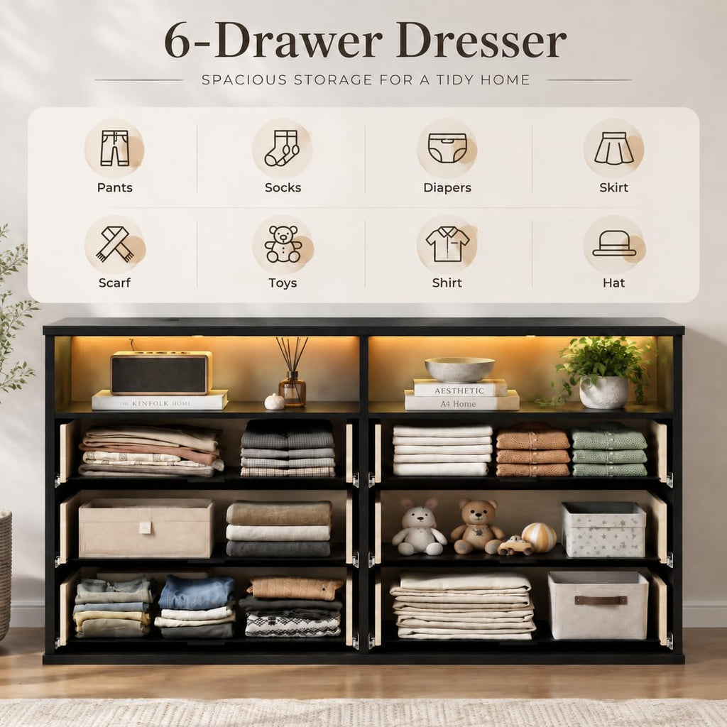 Fluted 6-Drawer Dresser for bedroom w/LED Light & Power Outlet, Black