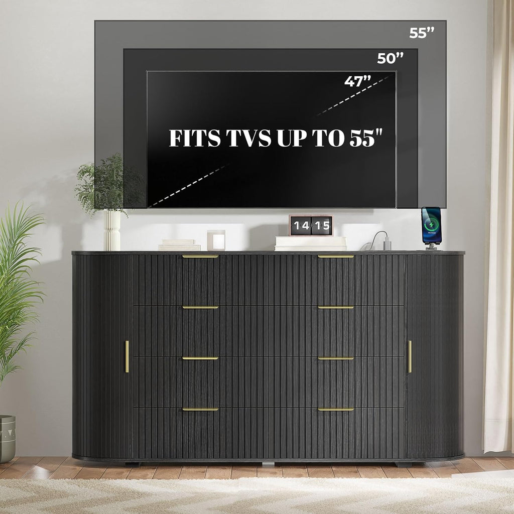 Loomie Fluted 8 Drawers Dresser for Bedroom, 55.12" Wide Dressers & Chest of Drawers w/2 Sliding Doors & Charging Station,Curved Profile Design,Wooden Closet Storage Cabinet,Modern Dresser TV Stand