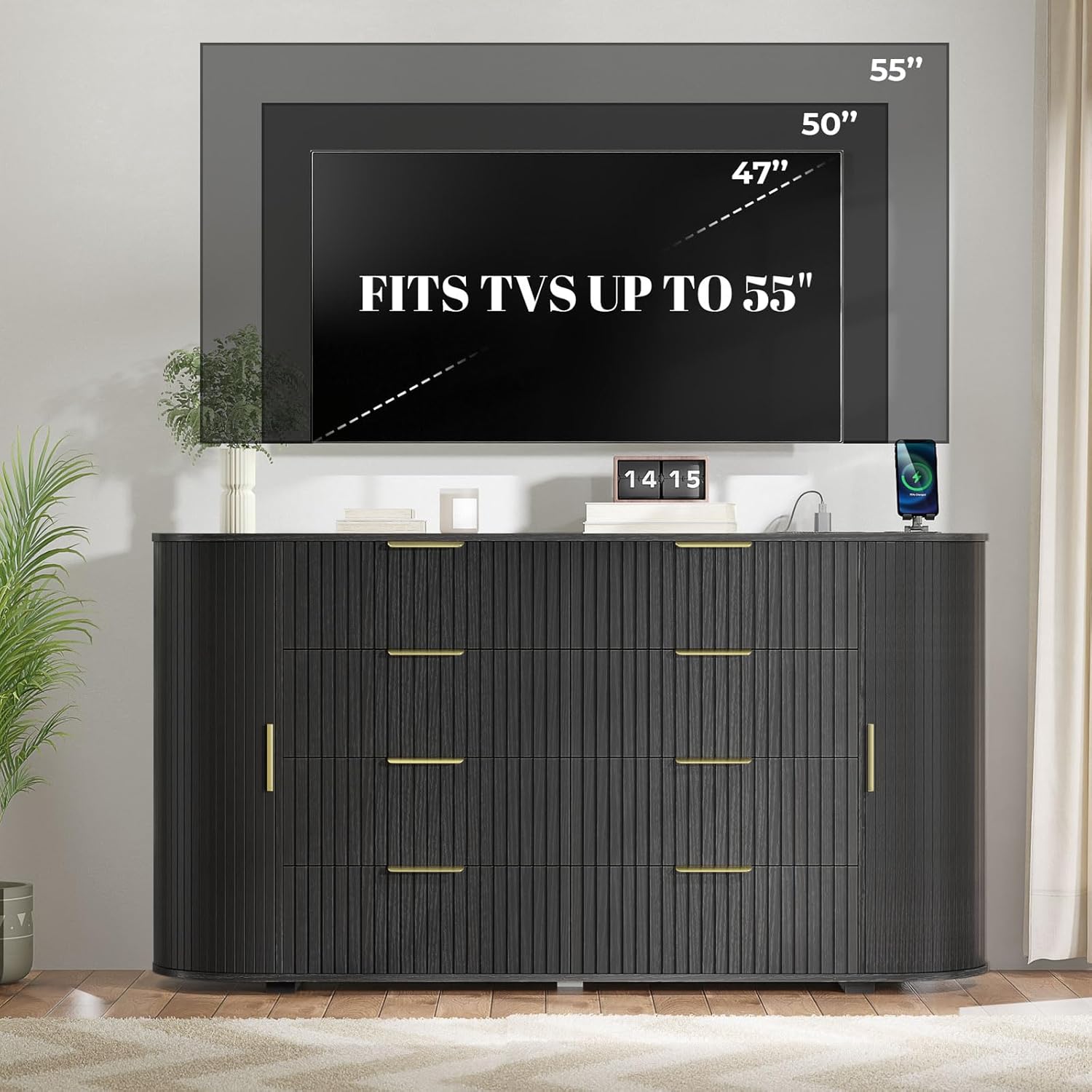 Loomie Fluted 8 Drawers Dresser for Bedroom, 55.12" Wide Dressers & Chest of Drawers w/2 Sliding Doors & Charging Station,Curved Profile Design,Wooden Closet Storage Cabinet,Modern Dresser TV Stand