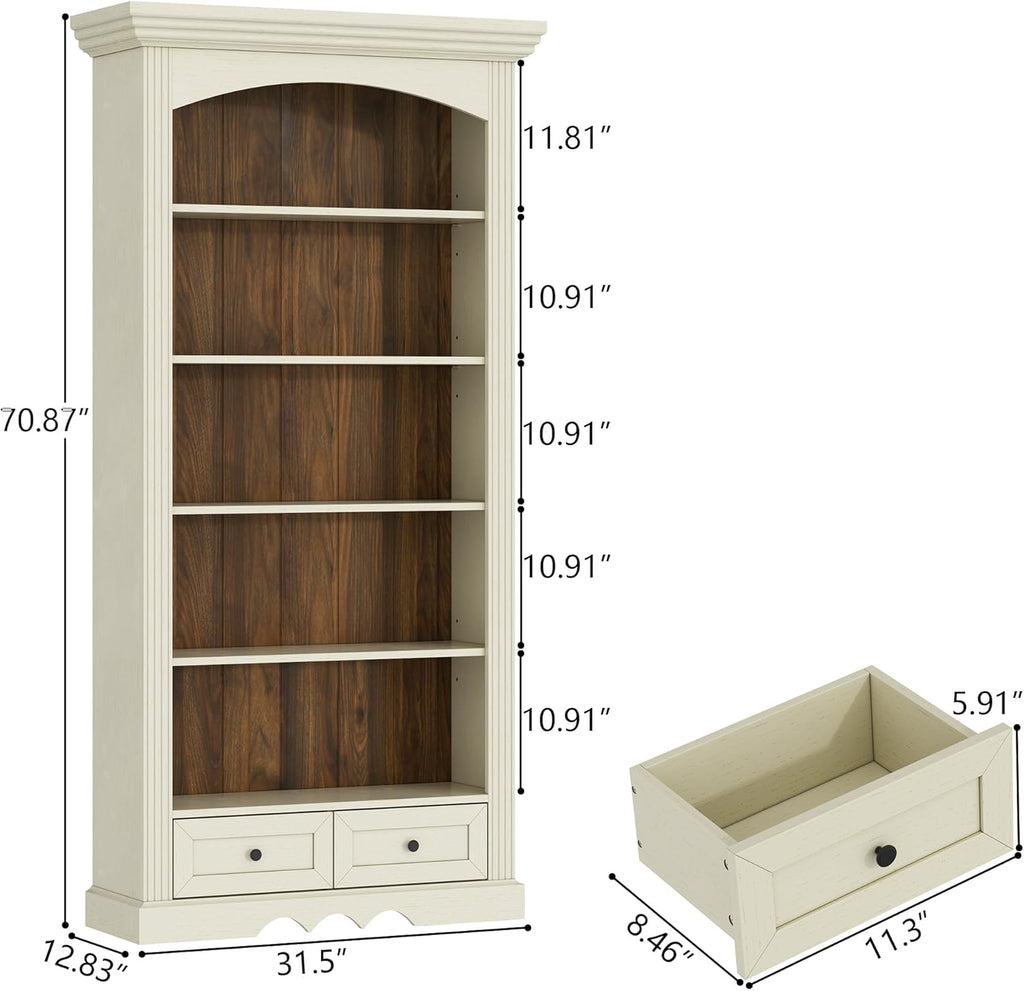 Gyfimoie 71’’ Tall Arched Bookcase with Stroage, Farmhouse 5-Tier Arch Bookshelf with Drawers, Freestanding Book Shelf with Adjustable Shelf and Roman Column Pattern for Home Office (1, White)