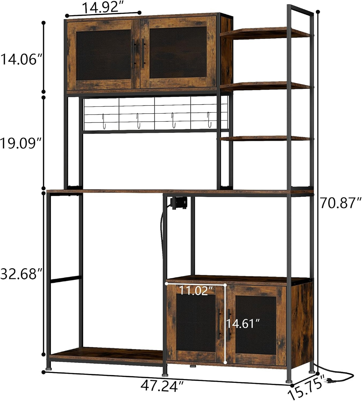Loomie Bakers Rack with Power Outlet and LED Light, 71" Tall Kitchen Microwave Stand with Fridge Space, Farmhouse Coffee Bar Cabinet with Mesh Doors, Kitchen Shelves with Hooks (Rustic Brown)