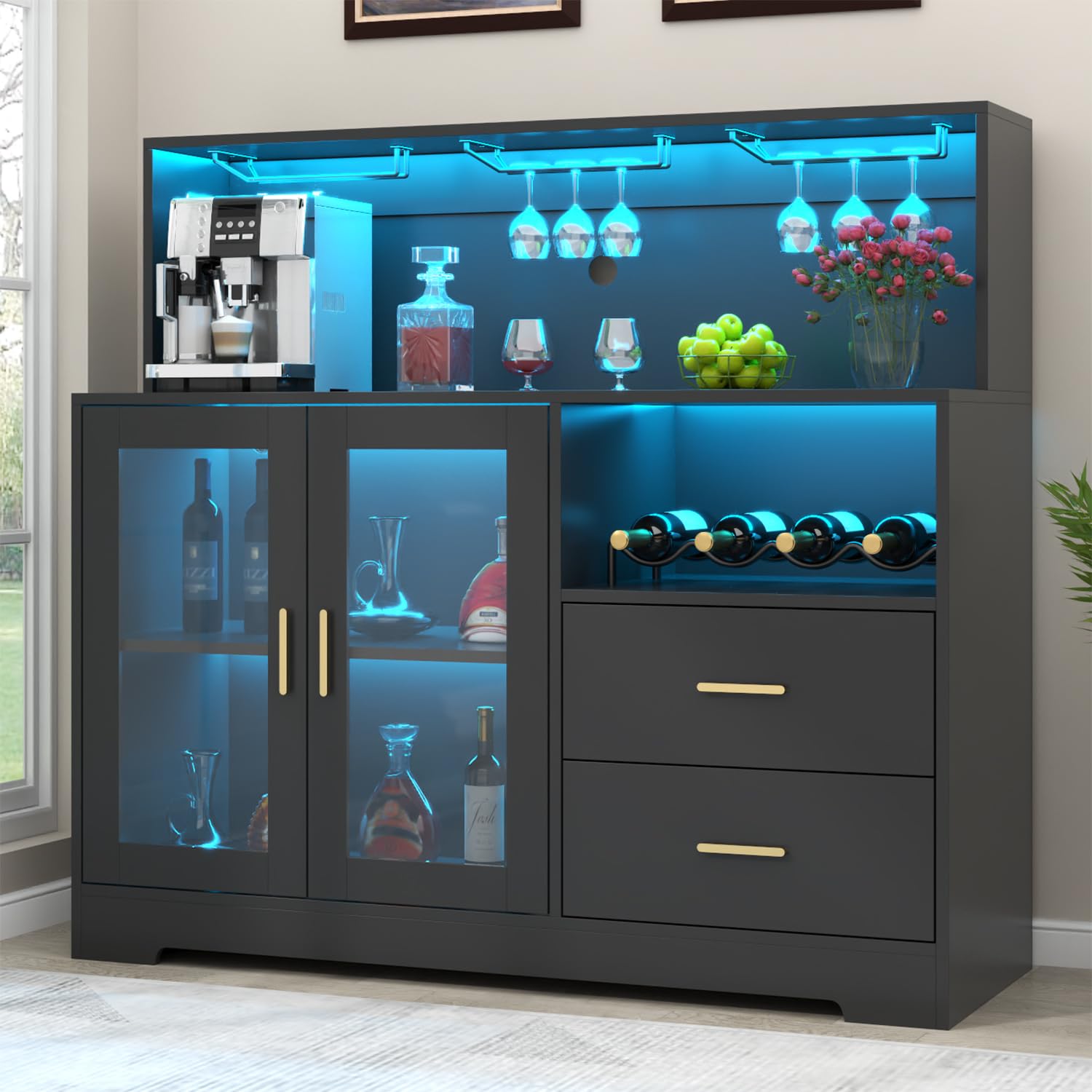 Auromie Wine Bar Cabinet with LED Light, Home Coffee Cabinet with Wine and Glass Rack, Kitchen Buffet Sideboard with Storage Cabinet&Drawers, Modern Liquor Cabinet for Living Room Dining Room (Brown)