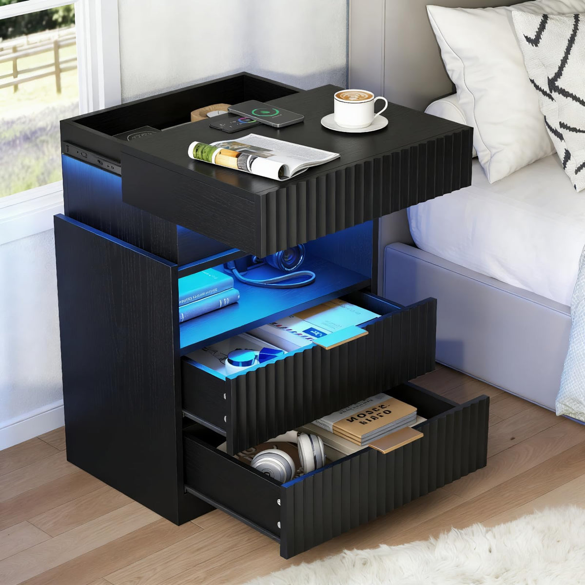 Night Stand with Wireless Charging Station, White Bedside Table with Hidden Gun Drawer & LED Lights, Modern End Table with 2 Drawers, Fluted Nightstands with Open Storage Shelf for Bedroom