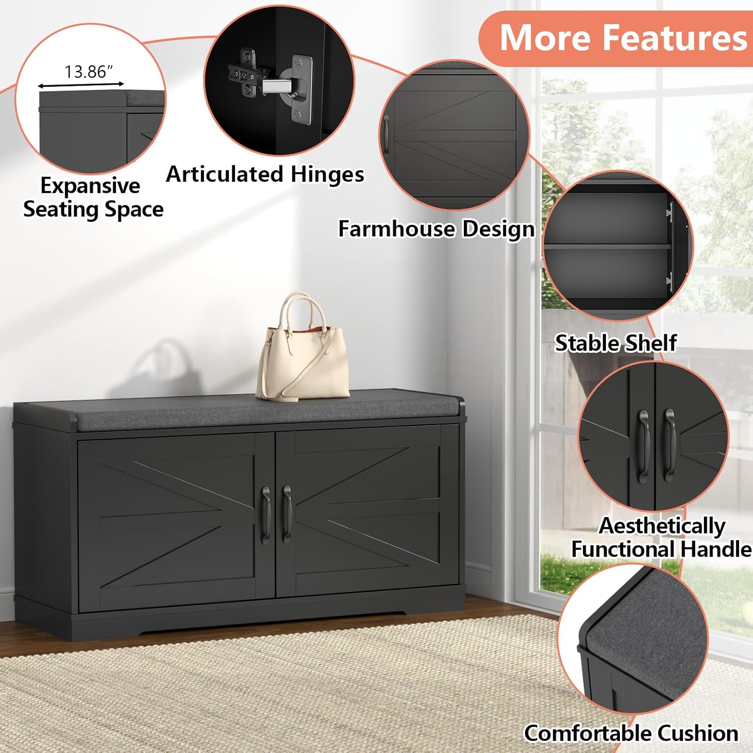 Loomie Shoe Storage Bench, 2-Tier Farmhouse Entryway Bench with Padded Seat Cushion, 13.78" D x 39.37" W x 19.69" H, Slim Shoe Cabinet Bench for Entryway, Living Room, Bedroom (Black)