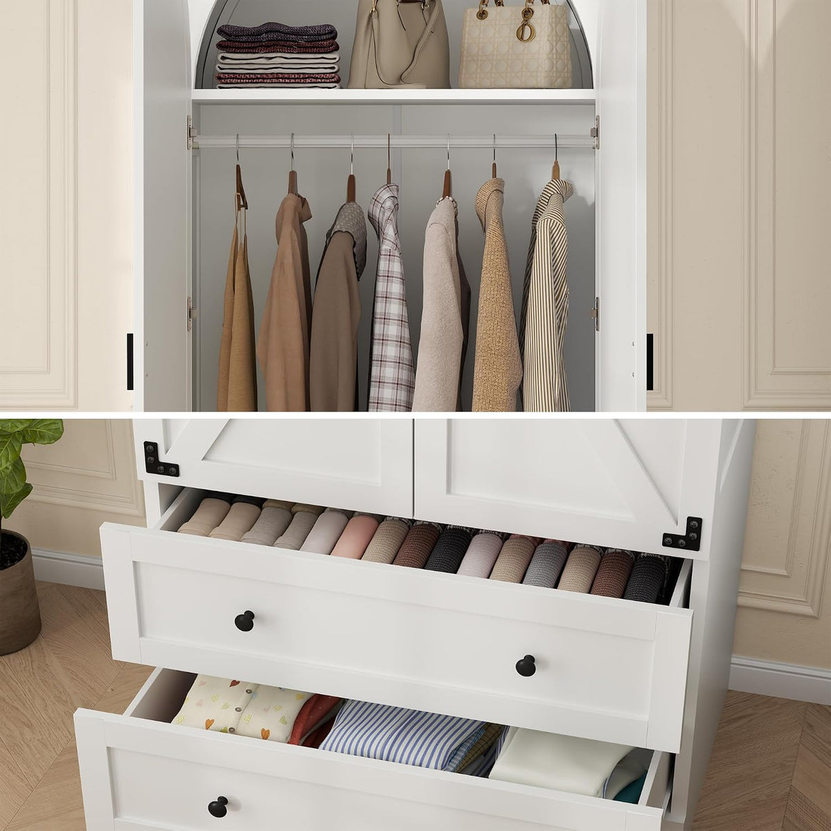 Gyfimoie 75" Armoire Wardrobe Closet with 2 Drawers and 2 Doors, Tall Bedroom Freestanding Armoire Storage Cabinet with Shelves, Wood Large Wardrobe Combination for Hanging Clothes (White)