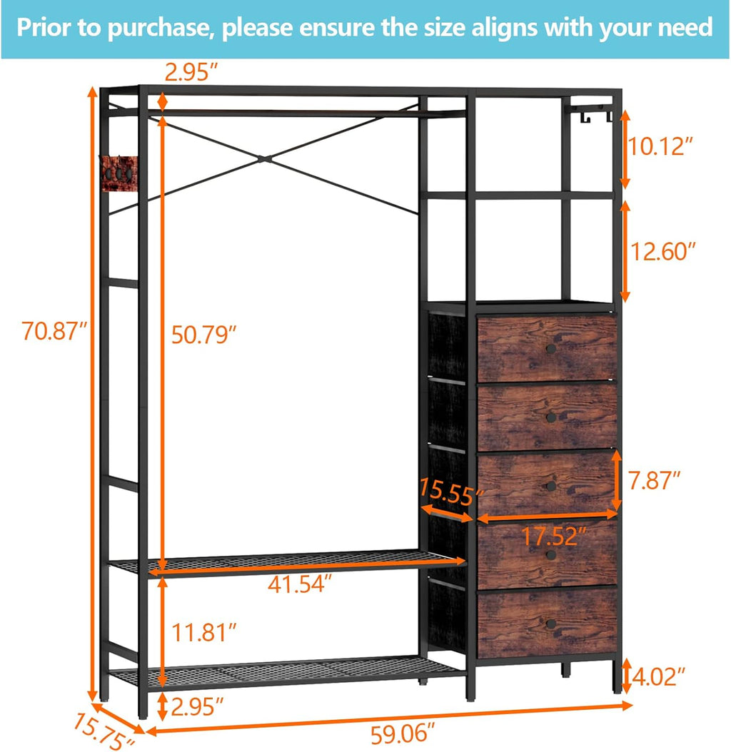 Loomie Heavy Duty Clothes Rack for Hanging Clothes with 5 Shelves & 5 Drawers, Metal Freestanding Clothing Rack with Five Hooks, Garment Rack Closet Wardrobe Rack, 70.87H x 59.06W,Max 900lbs,Rustic