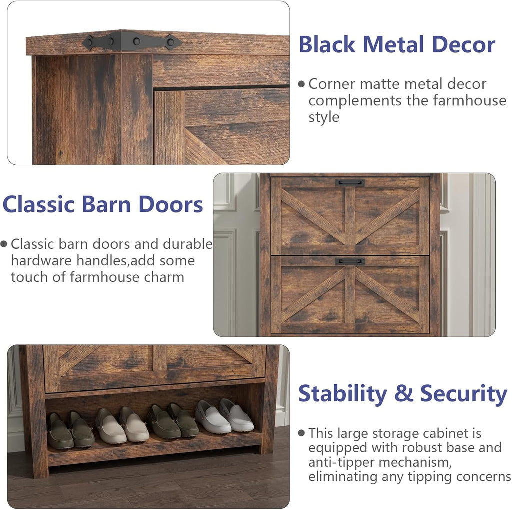 Loomie Farmhouse Shoe Storage Cabinet,Free Standing Shoe Organizer with 2 Flip Drawers, Narrow Modern Slim Hidden Shoe Cabinet with Doors & Cubby for Entryway, Vintage Brown