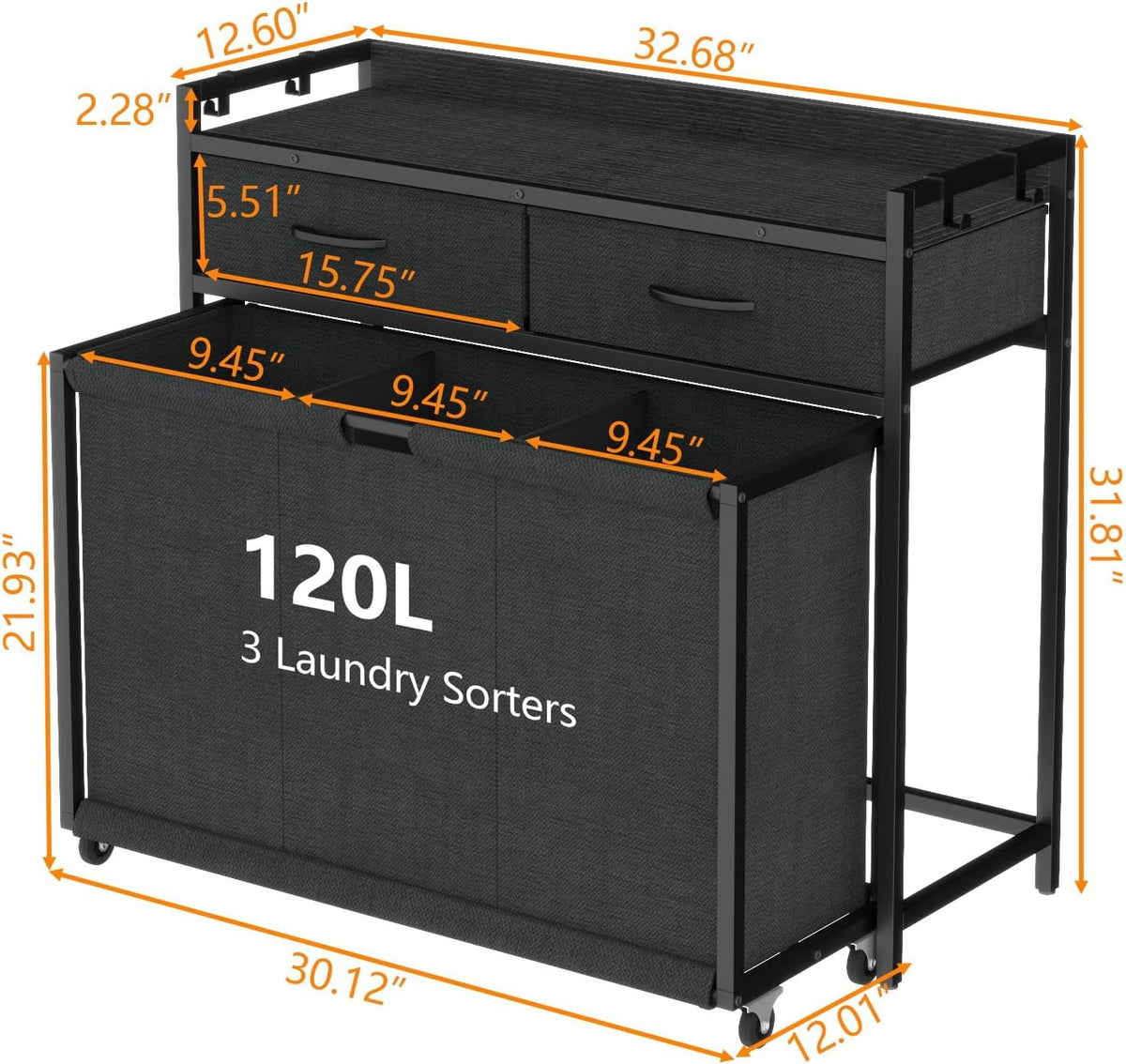 Loomie Laundry Hamper Laundry Basket with 3 Section Pull-Out Rolling Bags, Laundry Sorter for Organization and Storage with 2 Pull-Out Drawers for Laundry Room