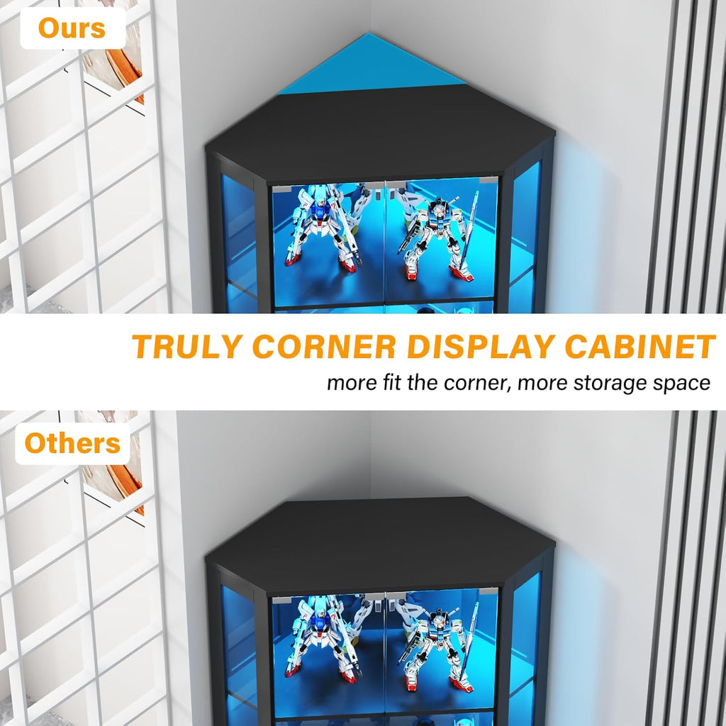 Gyfimoie Corner Wine Bar Cabinet with LED Lights,65" Tall Modern Liquor Cabinet with Tempered Glass Door,4-Tier Home Bar Liquor Storage Cabinet for Home Living Dining Room, Kitchen