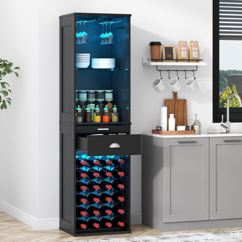 Loomie Wine Bar Cabinet with LED Lights, 65'' Tall Coffee Bar with 24 Wine Rack & Glass Holder, Freestanding Liquor Cabinet with Tray & Drawer & Adjustable Shelf (Black)
