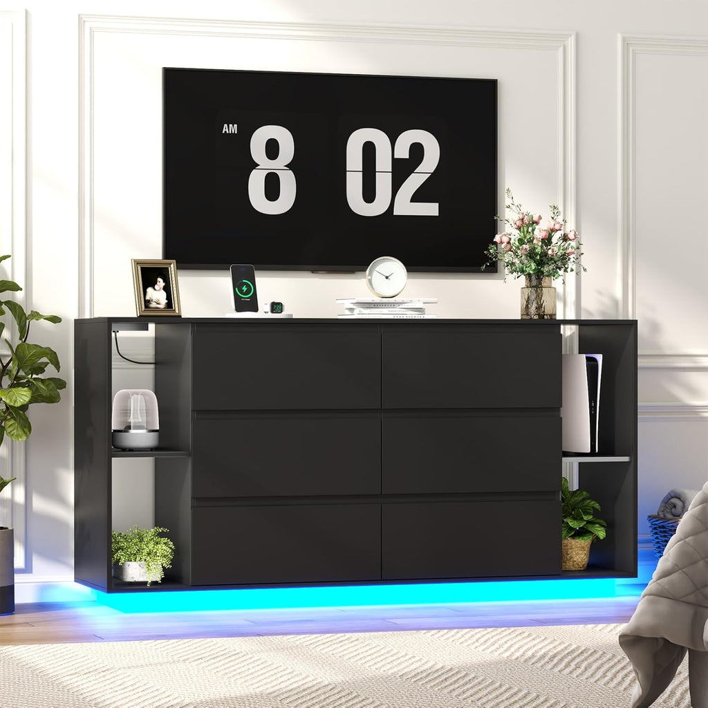 Loomie 6 Drawer Dresser for Bedroom, Modern Chest of Drawers with Power Outlet & LED Light, Double Wide Drawer Dresser Organizer Cabinet with Side Storage Shelves for Living Room (Black)