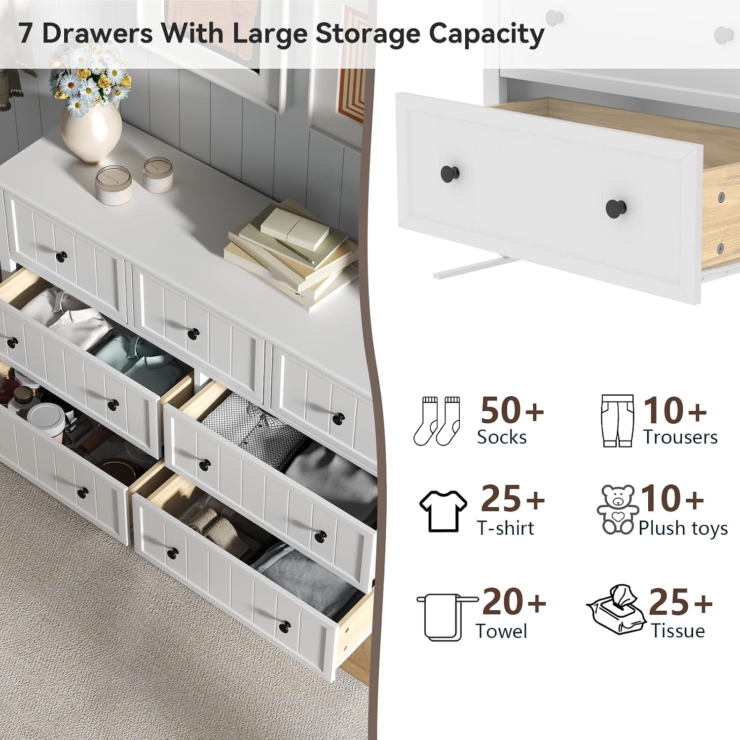 Farmhouse 7 Drawers Dresser for Bedroom, White Dresser Chest of Drawers, Wood Storage Dressers with Deep Drawers and Metal Handle, Wide Modern Dressers & TV Stand for Living Room, Closet, Hallway