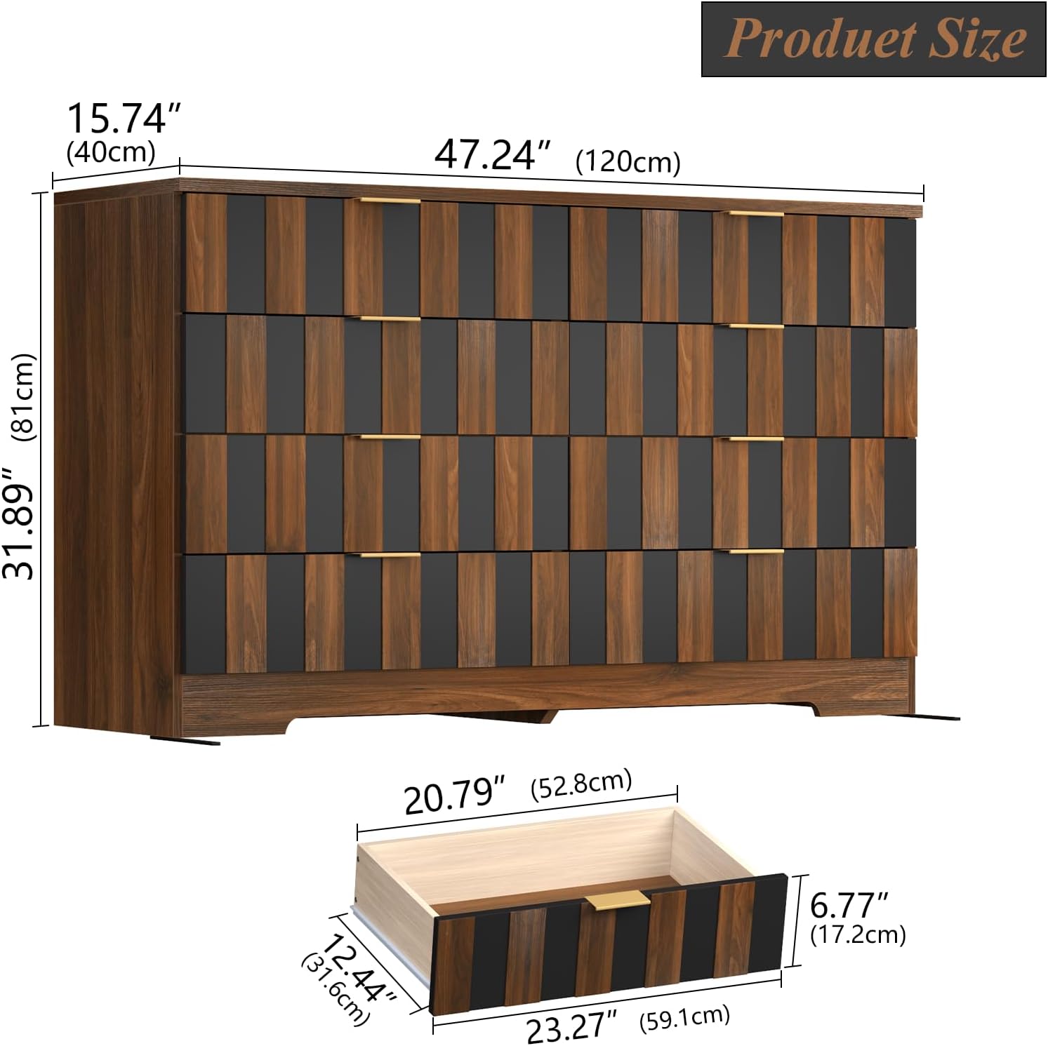 Loomie 8 Drawer Dresser for Bedroom, 47" Wide Chest of Drawers with Anti-Tipping Design, Large Storage Drawers w/Metal Handles, Deep Closet Dresser for Living Room, Entryway, Black-Walnut Color