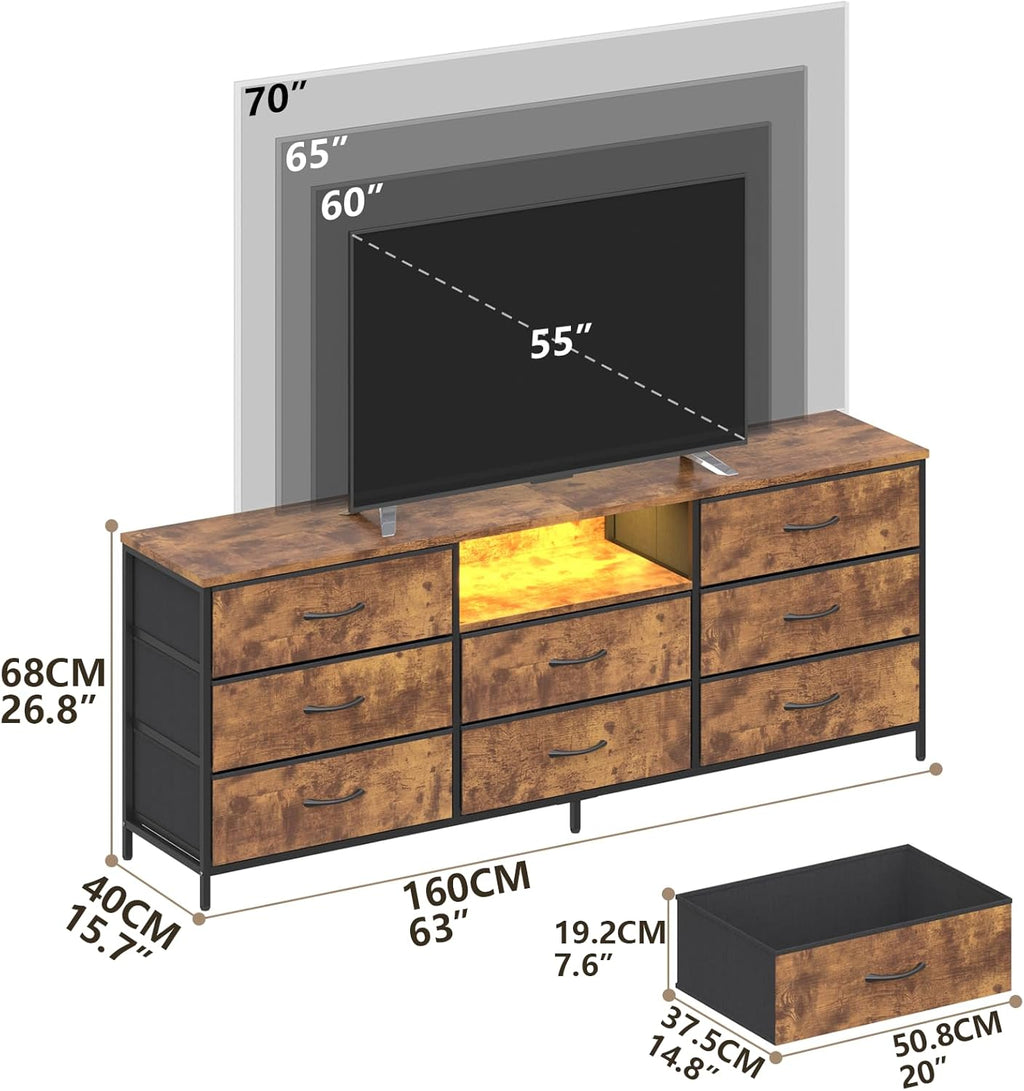 Loomie 63 Inch Dresser for Bedroom, Wide Long Fabric Dresser with LED Lights & 8 Drawers, Large TV Stand for 55, 65, 70 Inch TV, Entertainment Center with Storage (Rustic Brown)