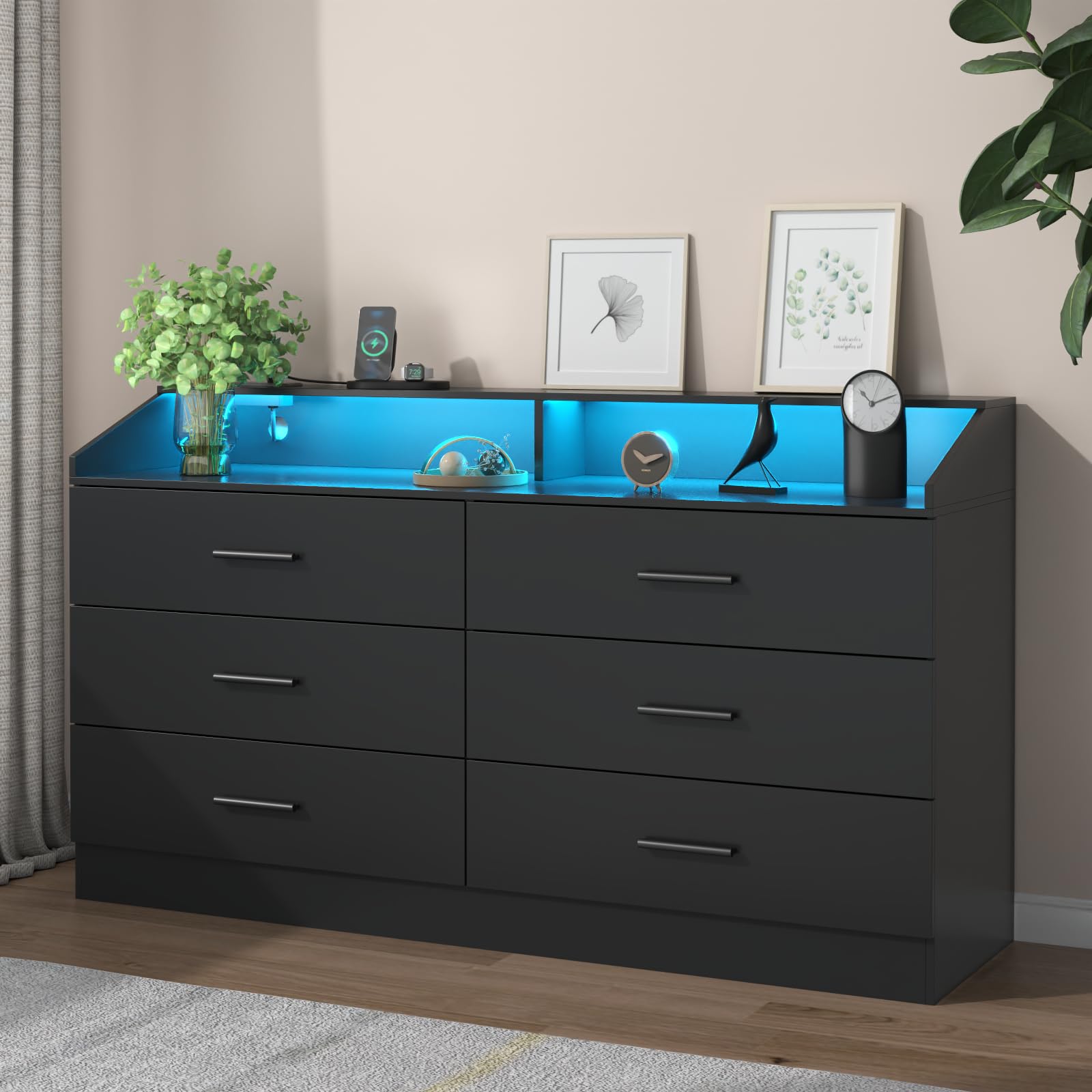 Gyfimoie 4 Drawers Dresser with Power Outlet, Chest of Drawers with LED Light, White Dresser Organizer with Open Storage Cubby, Modern Nightshatnd for Bedroom, Living Room, Entryway, Hallway