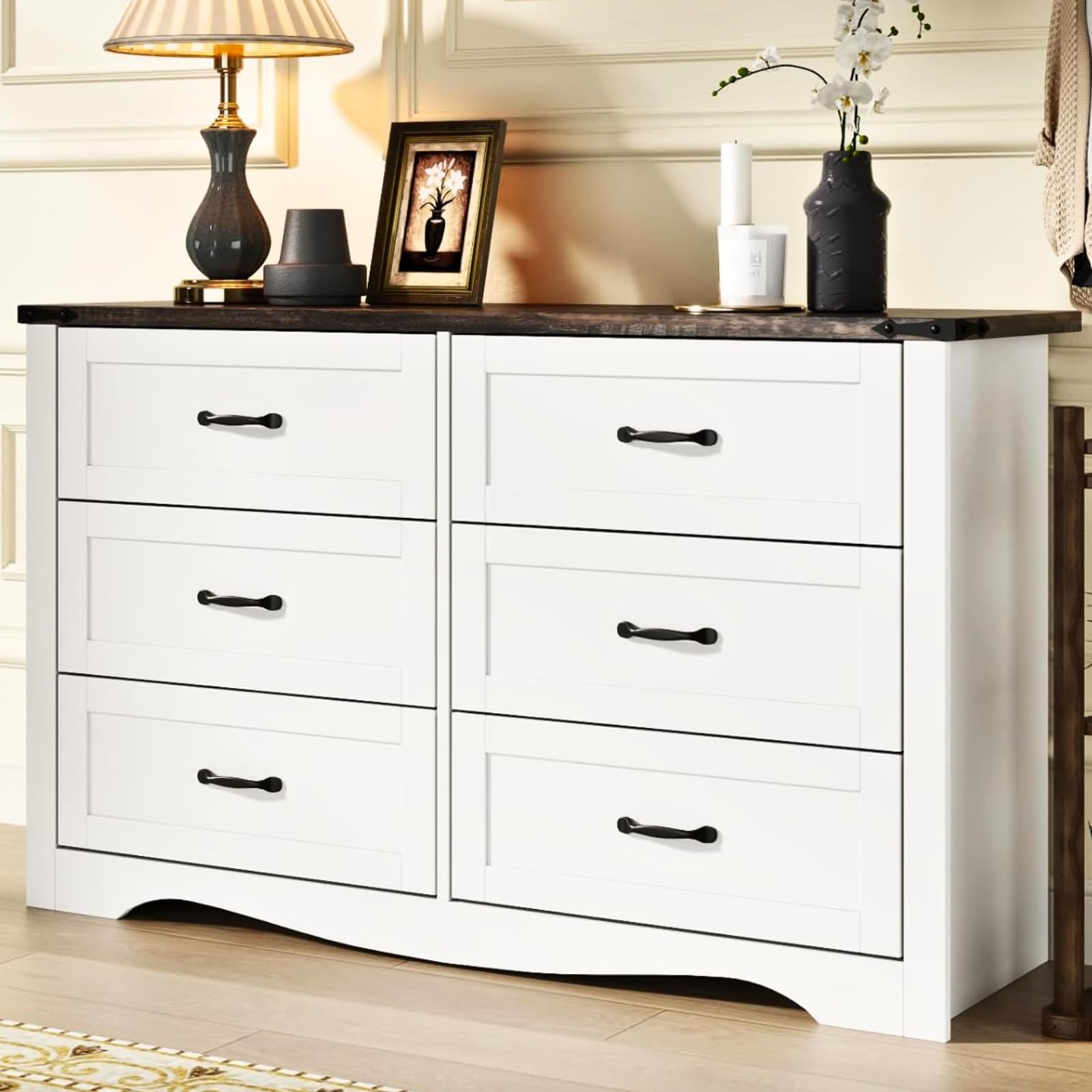 Loomie Farmhouse 6 Drawers Double Dresser for Bedroom, Modern White Dresser Chest of Drawers, Wide Dressers Organizer, Accent Storage Cabinet for Closet, Living Room, Hallway, Dark Rustic Oak