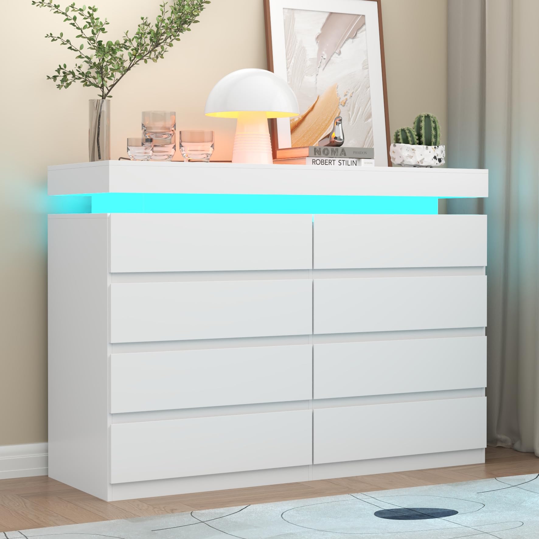 Gyfimoie 9 Drawer Dresser with Power Outlet, Dresser with LED Light, Modern Chest of Drawers for Closet, Double Wide Drawer Organizer Cabinet for Bedroom, Living Room (White, 9 Drawers)