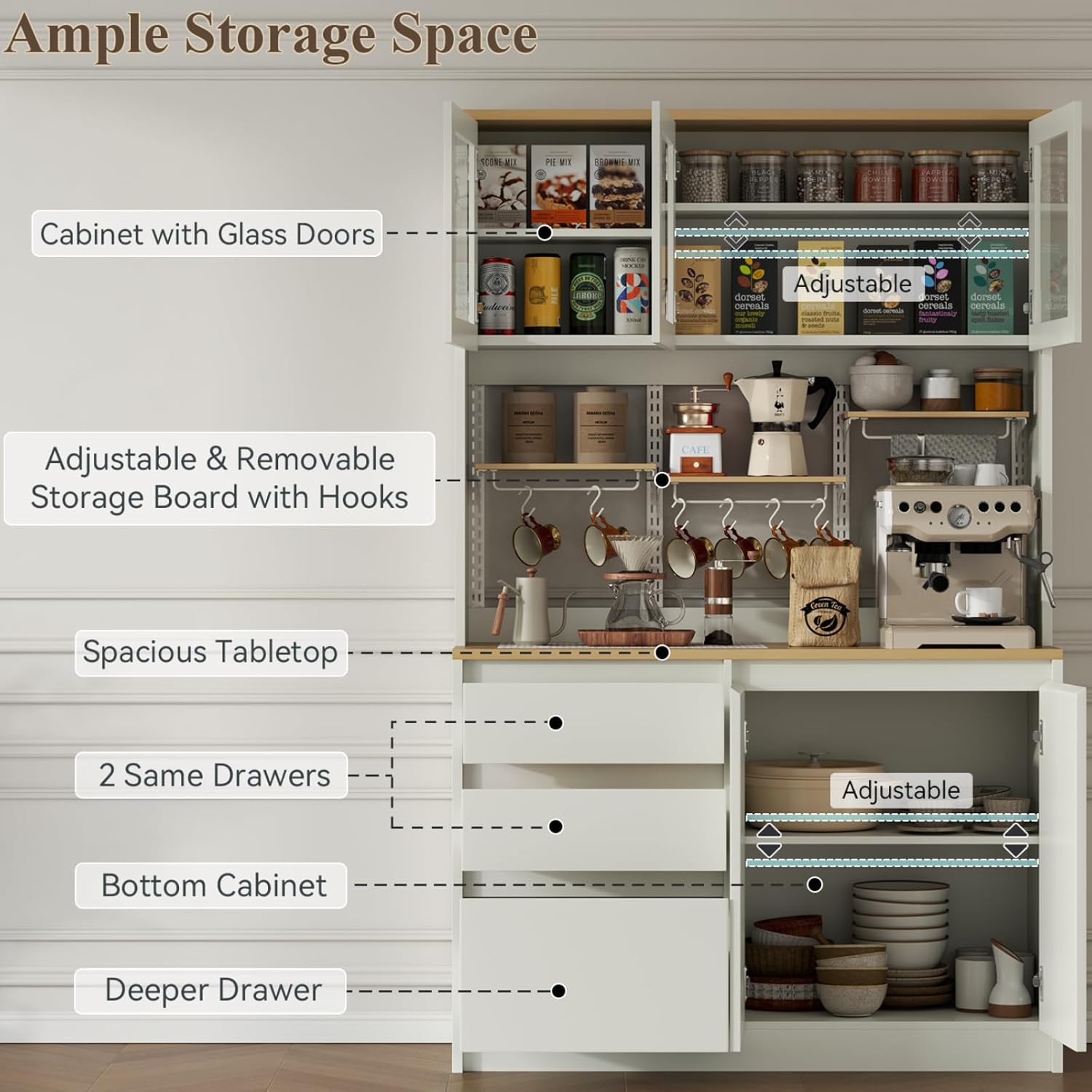 Loomie 71" Tall Kitchen Pantry Storage Cabinet, Large Kitchen Hutch with Glass Doors & 3 Drawers, Freestanding Buffet Cabinet with Adjustable Shelves, Food Pantry for Dining Room, White (White)