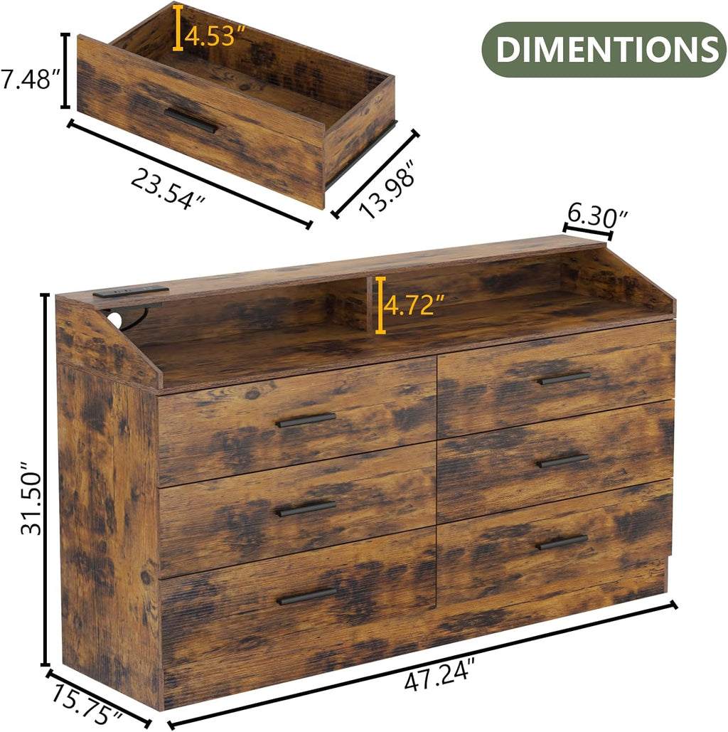 Dresser for Bedroom, 6 Drawer Dresser with Charging Station, Chests of Drawers with LED Lights, Modern Double Dresser, Storage Cabinet with Drawers for Living Room, Hallway (Brown)