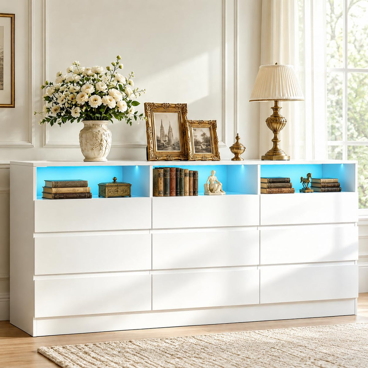63"Wide 9 Drawer Dresser for Bedroom with LED Lights & Power Outlet
