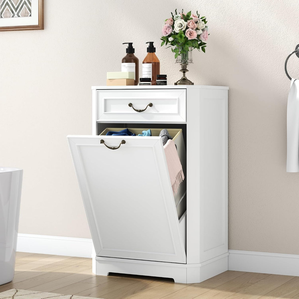 Tilt Out Laundry Hamper Cabinet, Hidden Laundry Cabinets w/Drawer & Basket