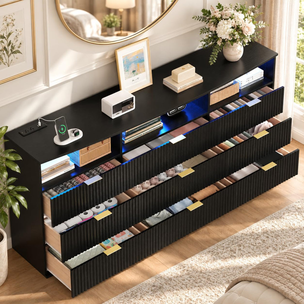 Fluted 6-Drawer Dresser for bedroom w/LED Light & Power Outlet, Black