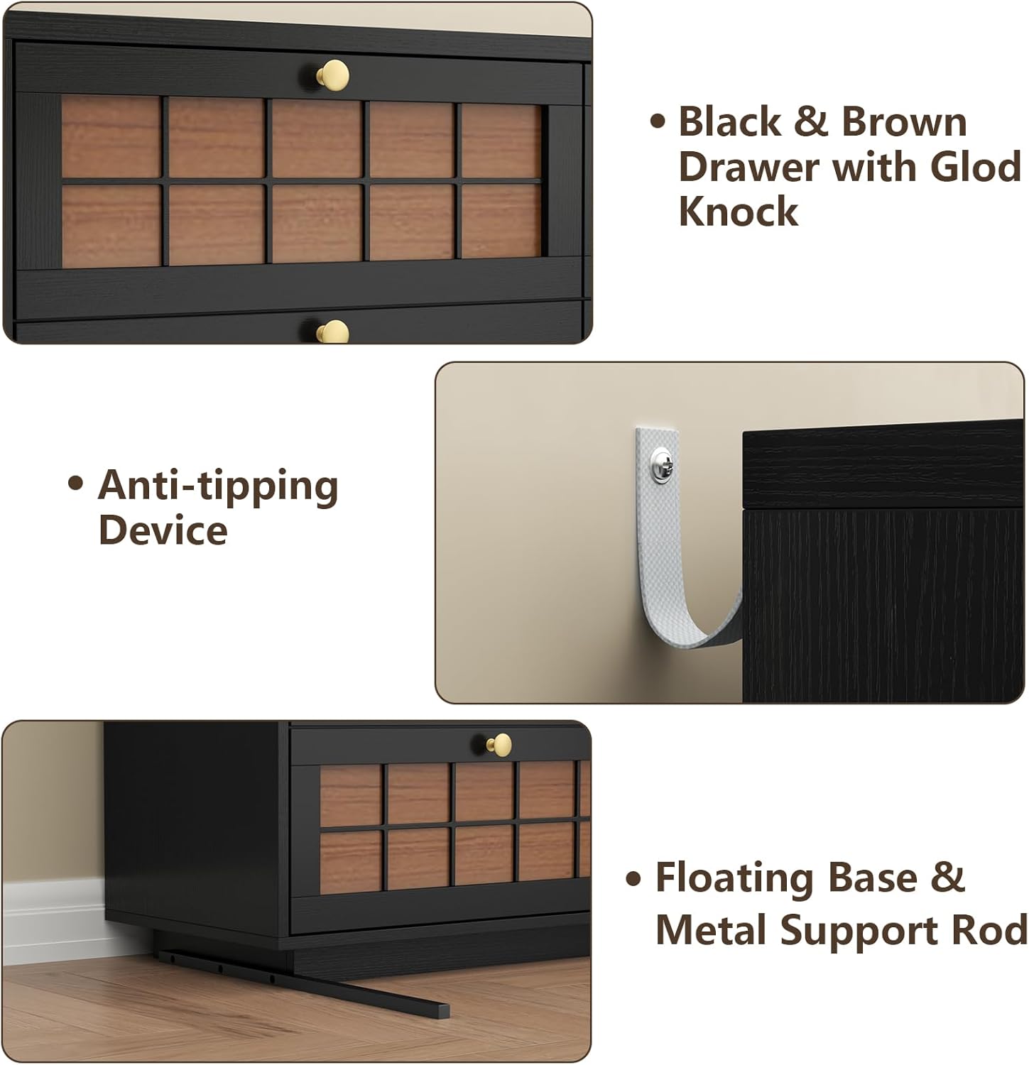 Floating 8 Drawer Dresser for Bedroom, LED Chest of Drawers with Charging Station, Brown Plaid Fronts & Gold Metal Knobs, Modern Dresser TV Stand Storage Organizer for Living Room Hallway Closet