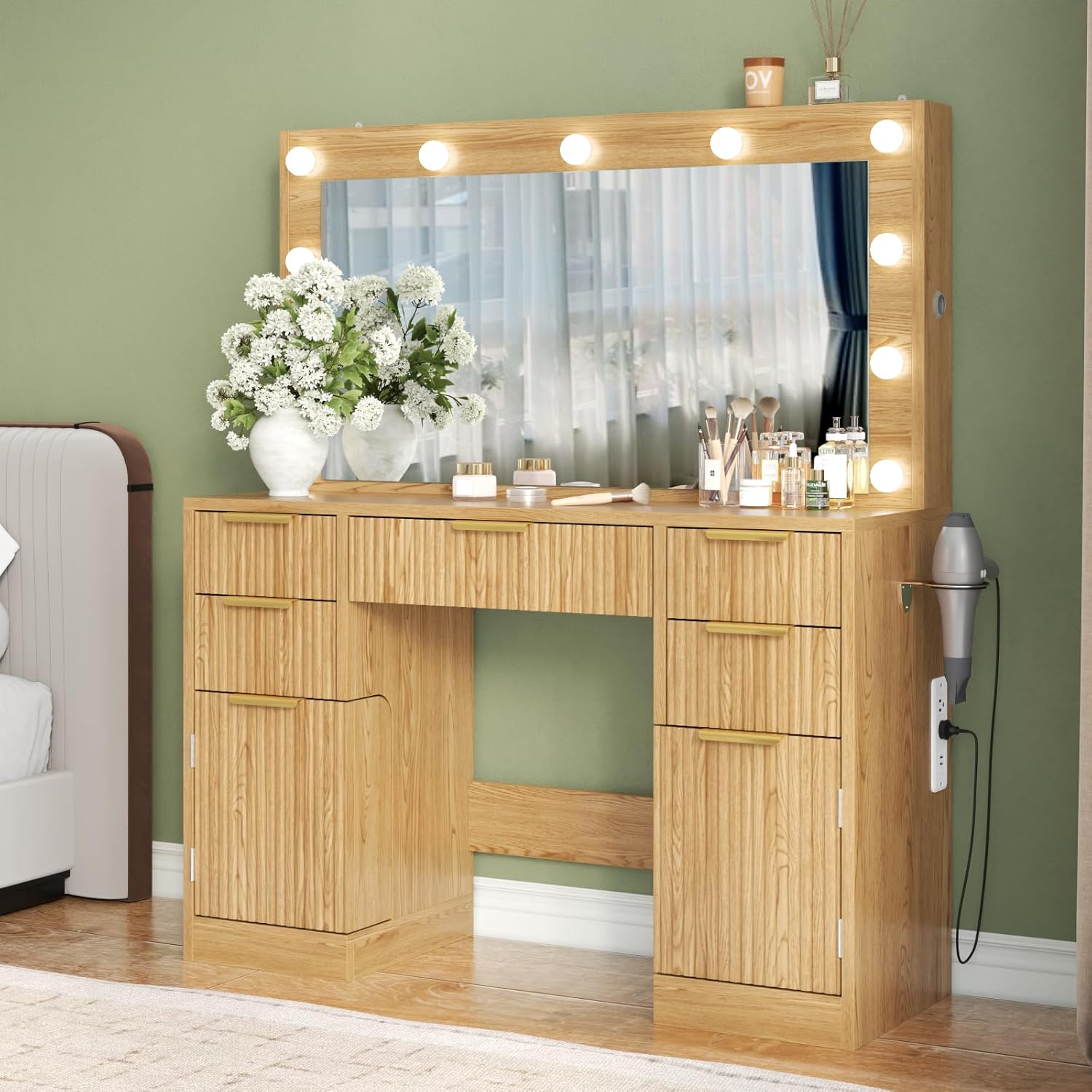Loomie Big Fluted Vanity Desk with 36" Mirror,11 LED Lights & Power Outlet,Large Wood Makeup Vanity Table with 2 Hidden Storage Shelf, Modern Dressing Table w/5 Drawers and 2 Cabinets for Bedroom