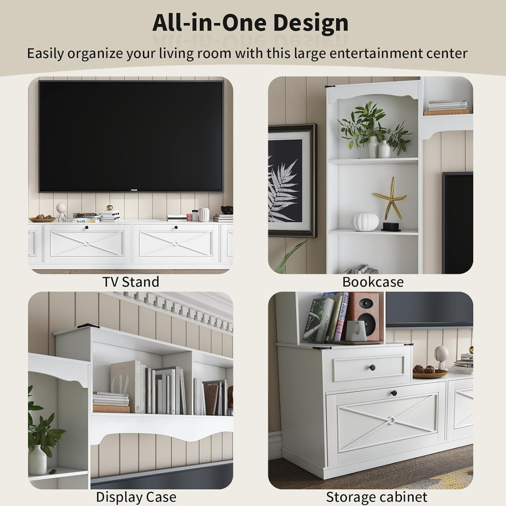 Loomie 104" W Wall Unit TV Stand with Storage for TVs up to 80", Large Farmhouse Wall Unit Entertainment Center with Bridge & Bookshelves, Tall TV Console Table Media Center for Living Room (White)