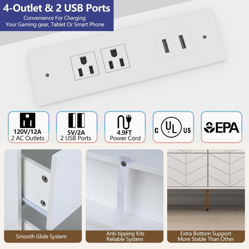 Loomie 6 Drawers Double Dresser with Power Outlet & LED Light,White Long Dresser Chests of Drawers with Storage Cubby,Wood Wide TV Dresser Stand for up to 55" for Bedroom,Hallway,Entryway