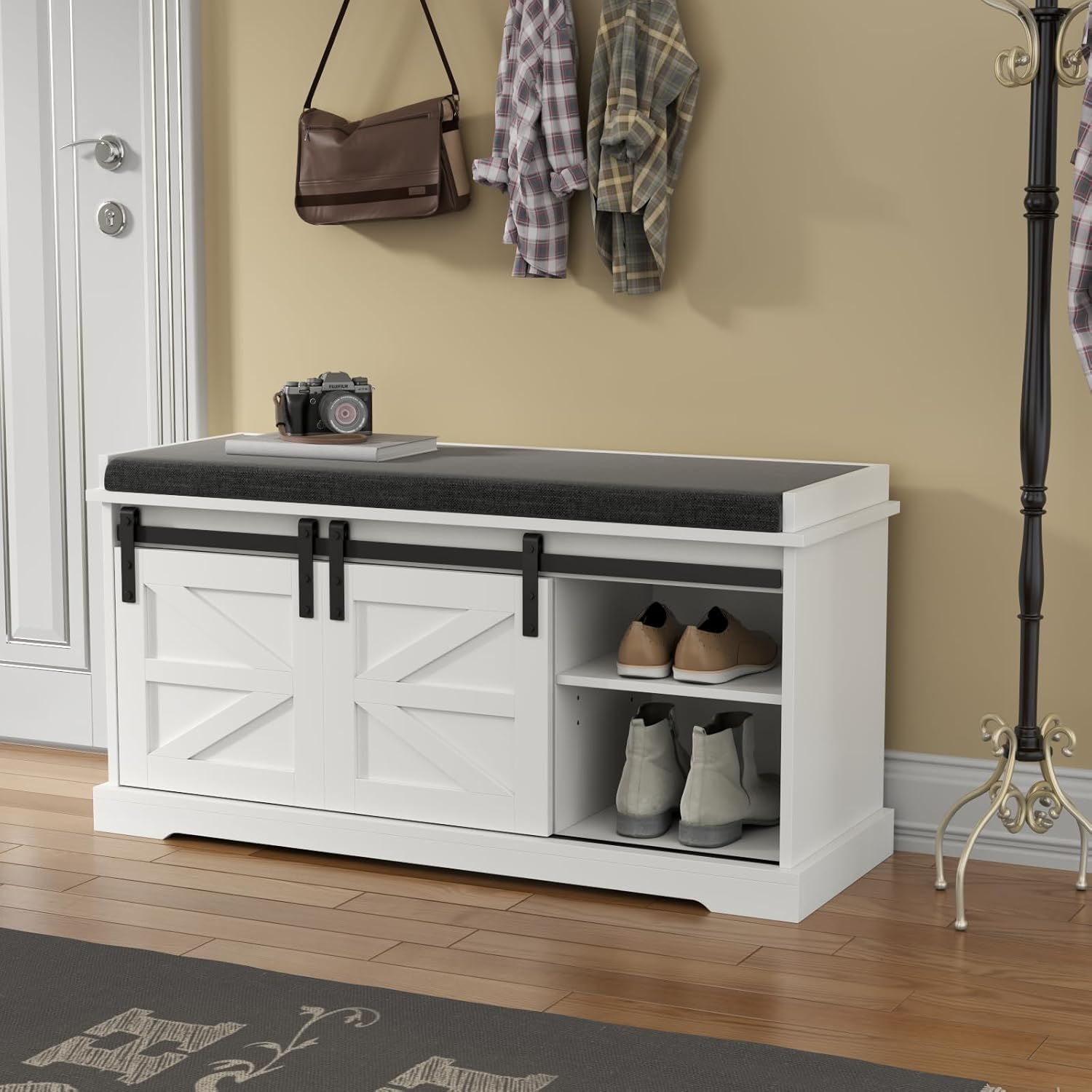 Loomie Shoe Storage Bench, 2-Tier Farmhouse Entryway Bench with Sliding Barn Door Storage Cabinets & Full Soft Removable Seat Cushion, Silm Shoe Rack with Shoe Cabinet for Entryway, Hallway, Bedroom