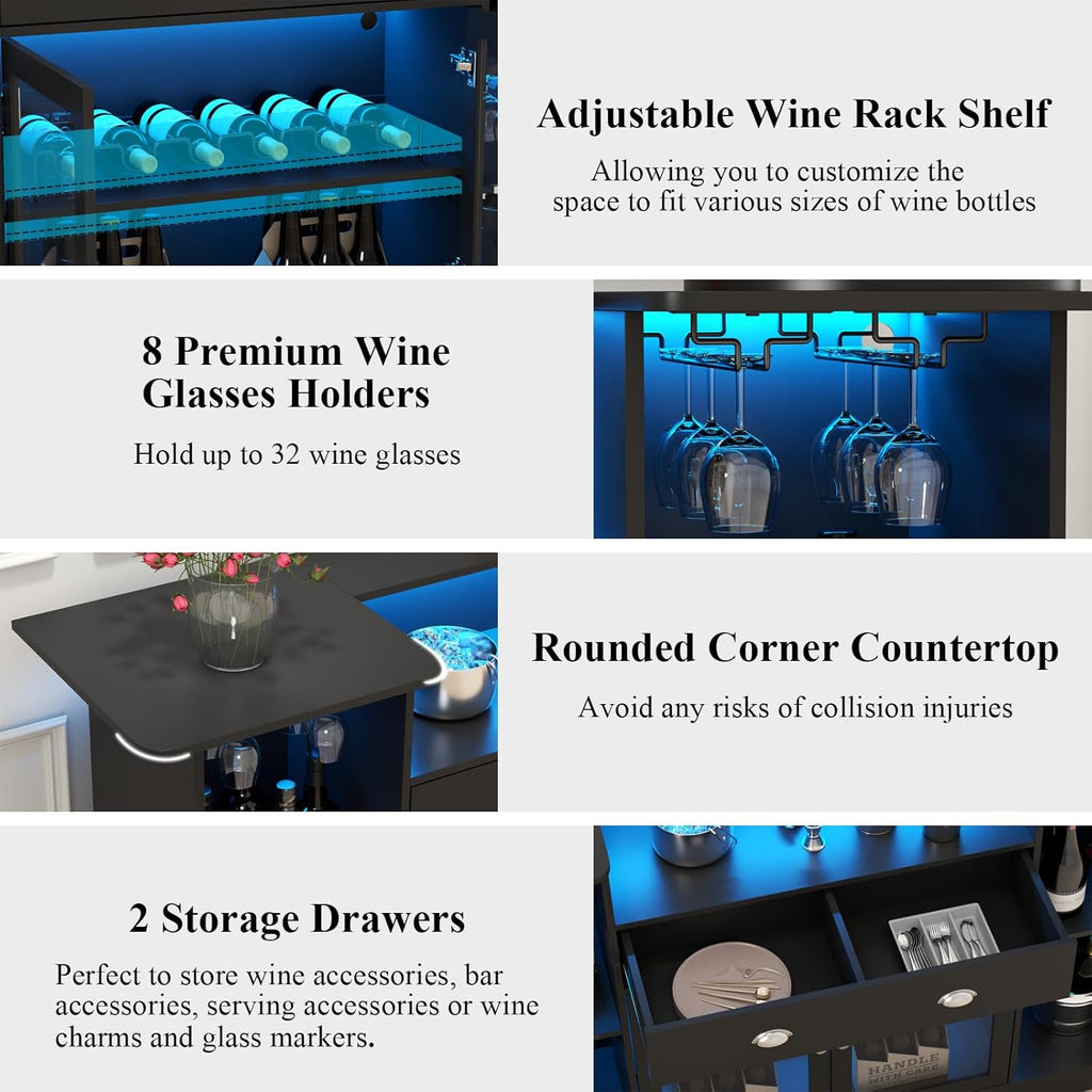 Loomie Bar Table Cabinet with LED & Drawer, Mini Liquor Bar with 8-Tier Storage & Stemware Holder, Wine Alcohol Bar Stand with Glass Door & Adjustable Wine Rack, Crescent Shaped Counter for Home Pub
