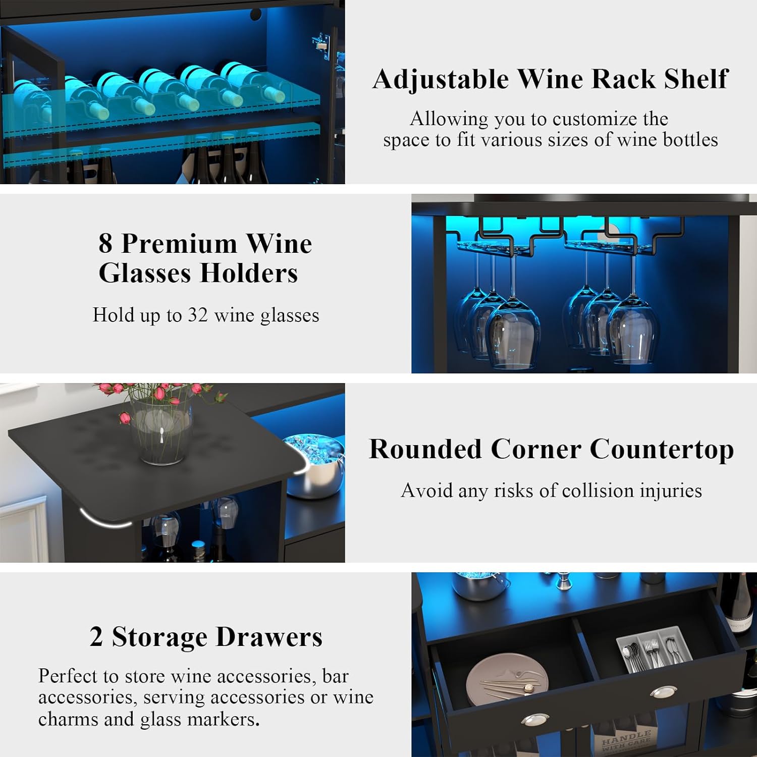Loomie Bar Table Cabinet with LED & Drawer, Mini Liquor Bar with 8-Tier Storage & Stemware Holder, Wine Alcohol Bar Stand with Glass Door & Adjustable Wine Rack, Crescent Shaped Counter for Home Pub