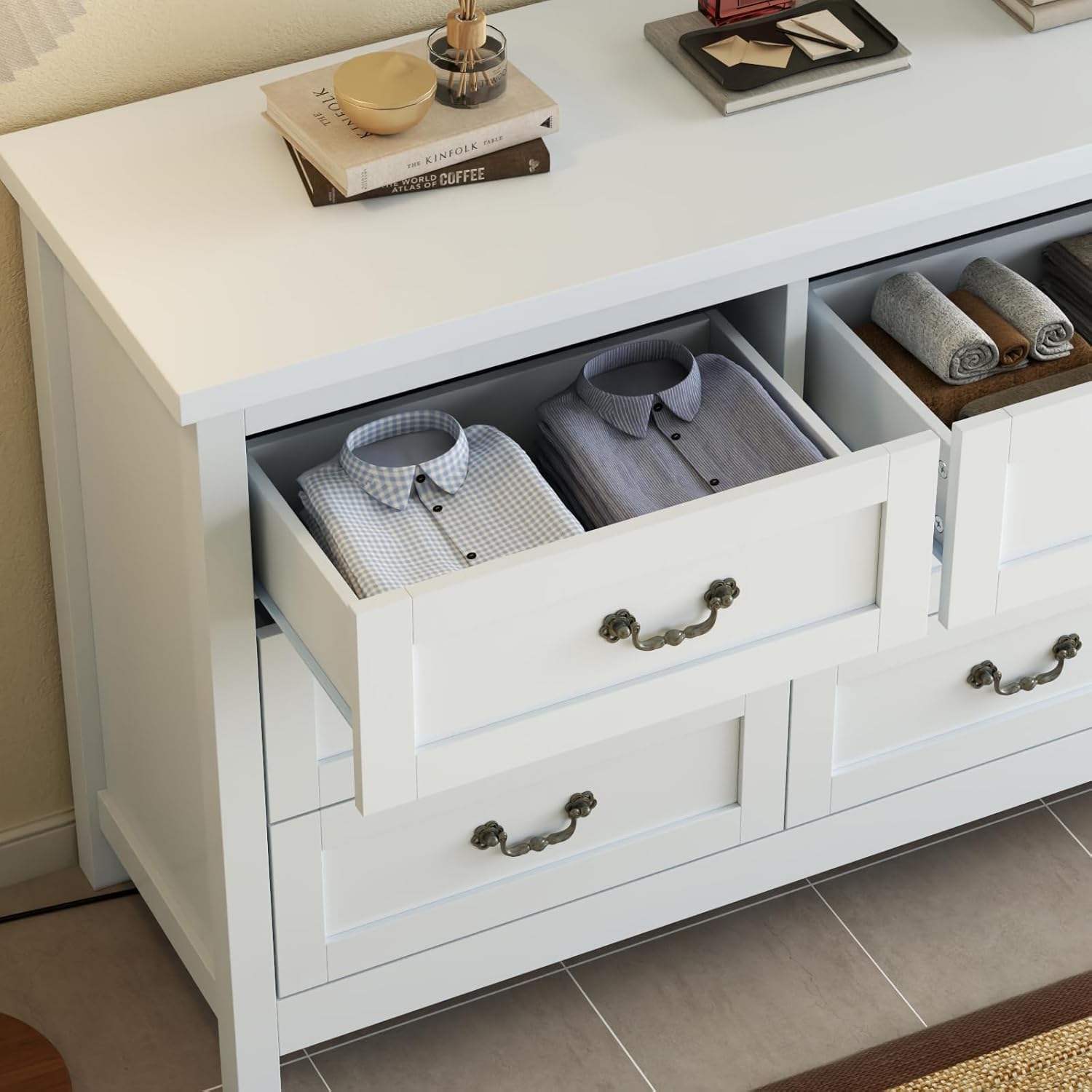 Loomie Upgraded 9-Drawer Dresser for Bedroom, 63" Wide Dresser TV Stand for TVs up to 75", Farmhouse Long Storage Wooden Dressers Organizer, Large Chest of Drawers with Vintage Pull for Closet, White