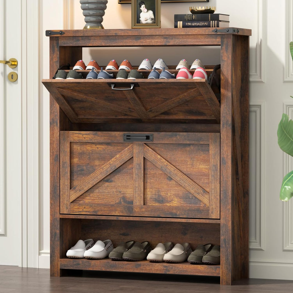 Loomie Farmhouse Shoe Storage Cabinet,Free Standing Shoe Organizer with 2 Flip Drawers, Narrow Modern Slim Hidden Shoe Cabinet with Doors & Cubby for Entryway, Vintage Brown