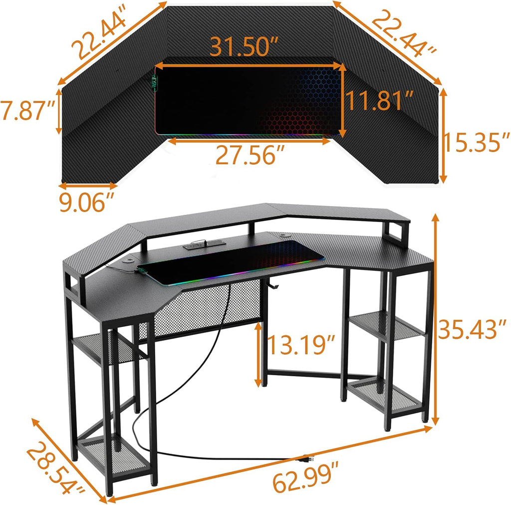 Loomie Computer Desk with Power Outlet & Led Light, 63" Large Wing-Shaped Gaming Desk with Full Monitor Stand, Wireless Charging, RGB Mouse Pad,Headphone Hook,Studio Desk with Storage Shelf for Live