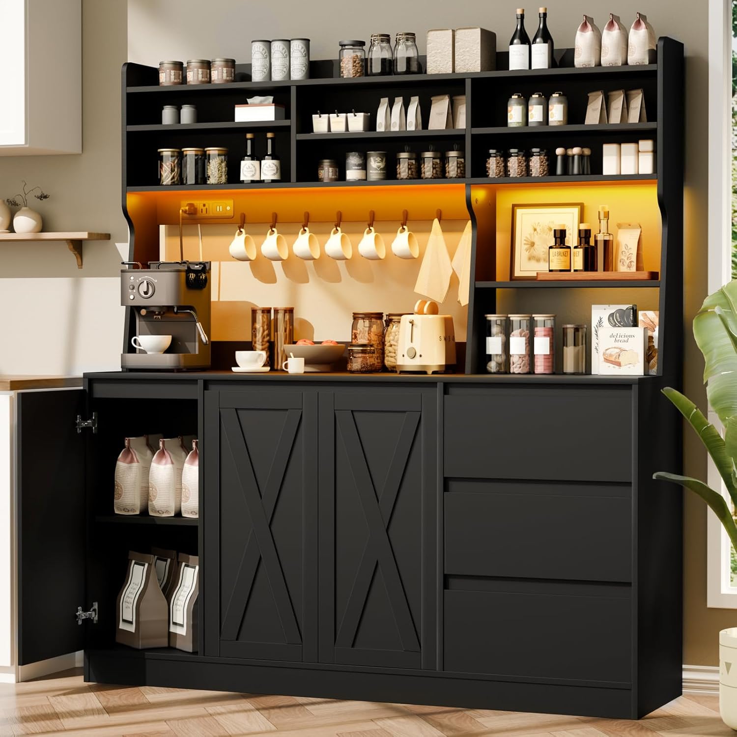 Loomie Farmhouse Sideboard Buffet Cabinet with Storage, 59" Kitchen Storage Cabinet with Power Outlet & LED Light, Coffee Bar w/Microwave Stand & Doors & Drawers & Hooks & Adjusted Shelves (Black)