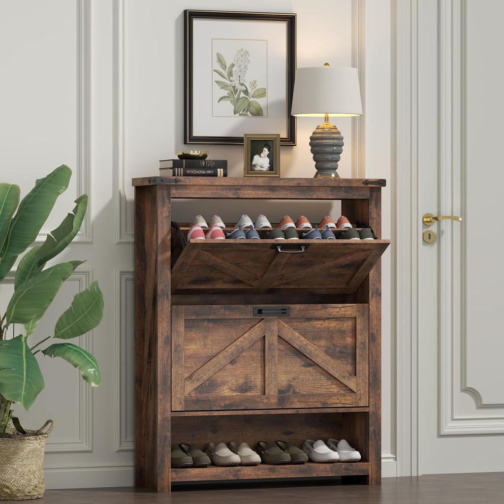 Loomie Farmhouse Shoe Storage Cabinet,Free Standing Shoe Organizer with 2 Flip Drawers, Narrow Modern Slim Hidden Shoe Cabinet with Doors & Cubby for Entryway, Vintage Brown