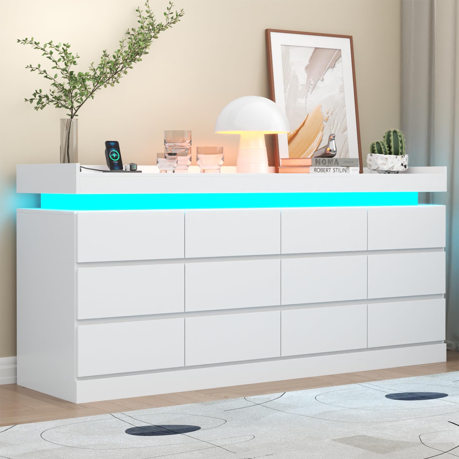 Gyfimoie 9 Drawer Dresser with Power Outlet, Dresser with LED Light, Modern Chest of Drawers for Closet, Double Wide Drawer Organizer Cabinet for Bedroom, Living Room (White, 9 Drawers)