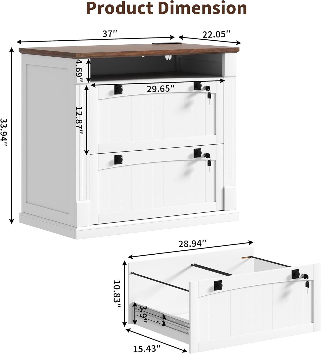 Loomie White 2 Drawer File Cabinet with Lock & Charging Station,37'' Farmhouse Lateral Filing Cabinet with Open Storage Shelves for Home Office,Wood Printer Stand for Files/Letter/Legal/A4/F4 Size
