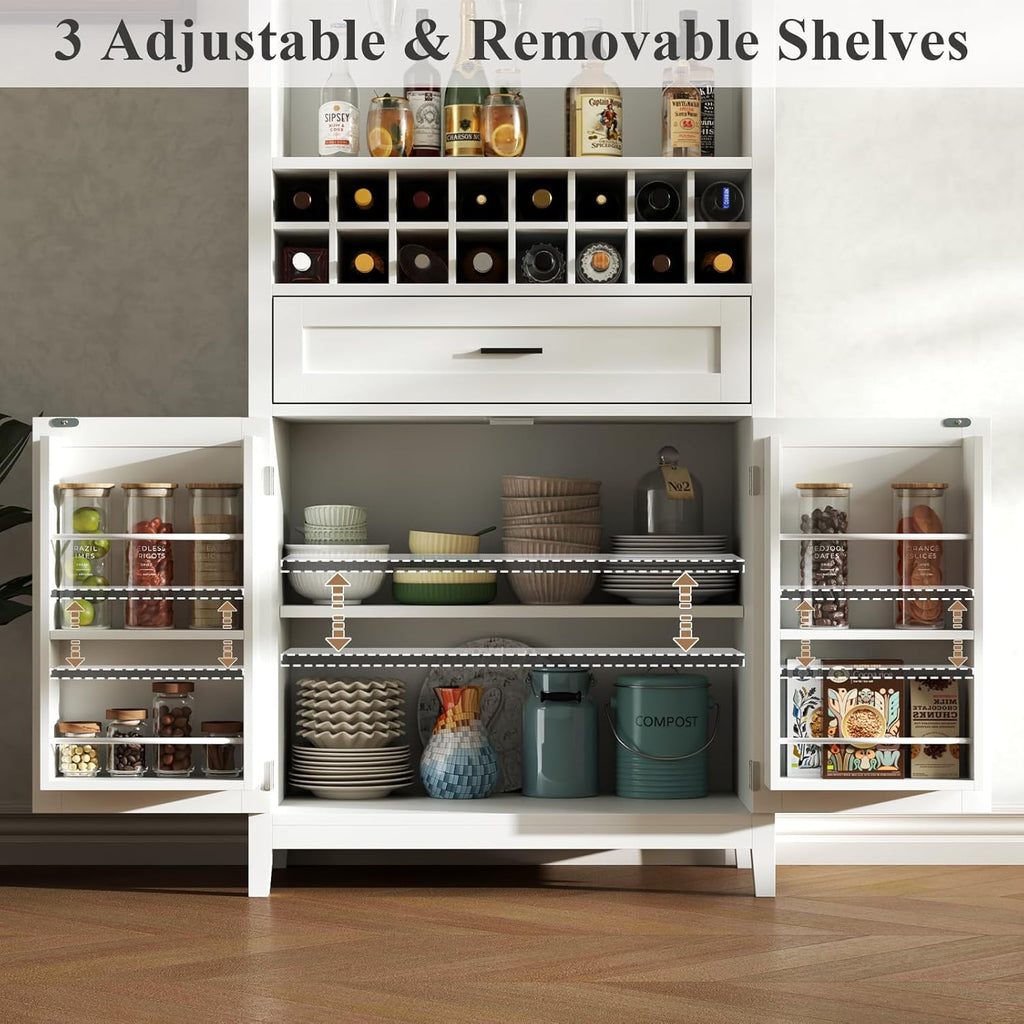 75.7" Tall Arched Wine Bar Cabinet, Bar Cabinets with Glass Holders & Wine Rack, Liquor Cabinet for Home, Kitchen Pantry W/Drawer & Shelves, Versatile Cupboard for Dining Room (White)