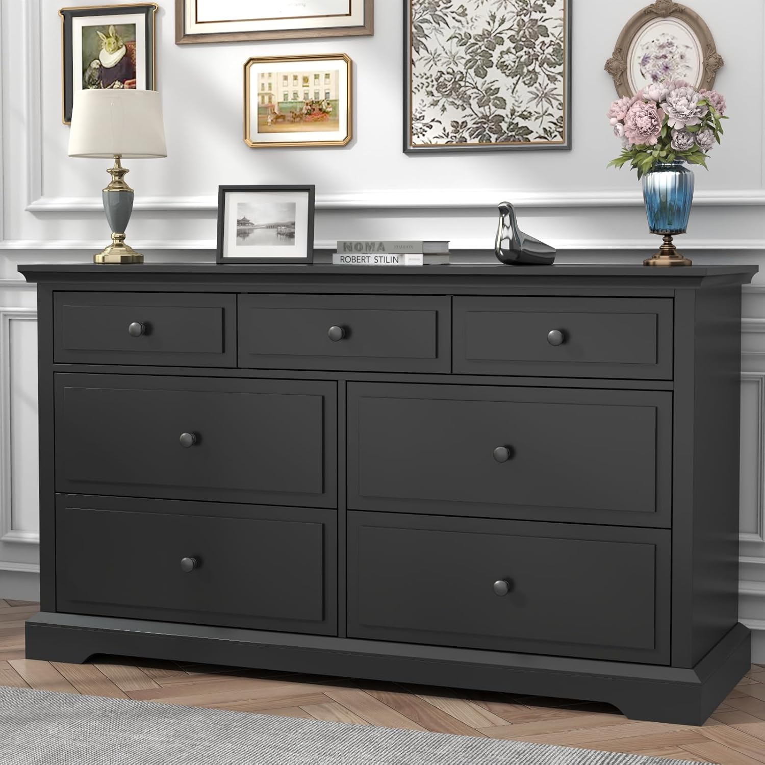 Loomie 7 Drawers Black Double Dressers Chests for Bedroom, Large Storage Dresser Organizer for Bedroom, Long Dresser Tv Stand, Vintage Solid Tall Closet Dresserss with Storage for Living Room, Hallway